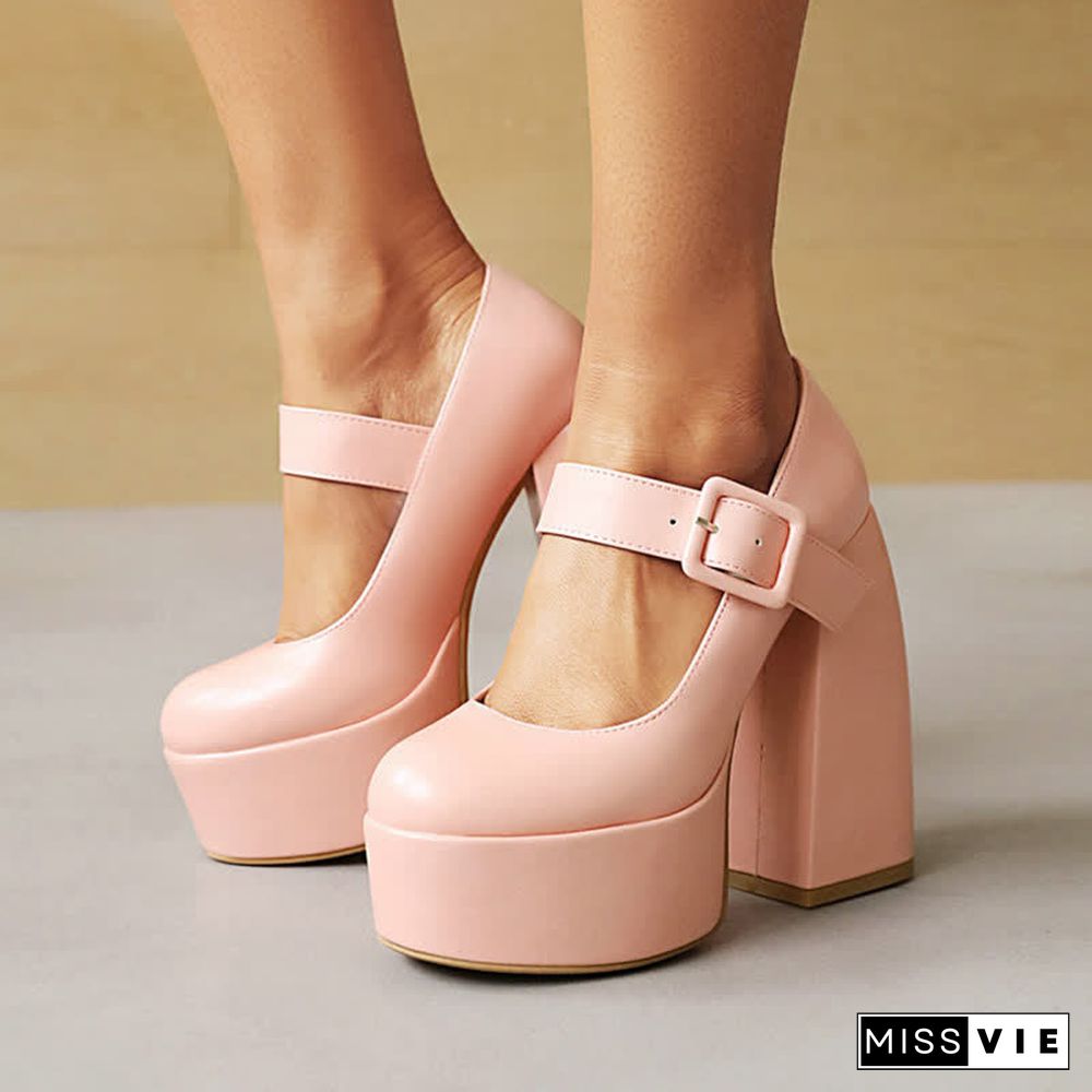 Pure Color Chunk High Heel Mary Janes Shoes