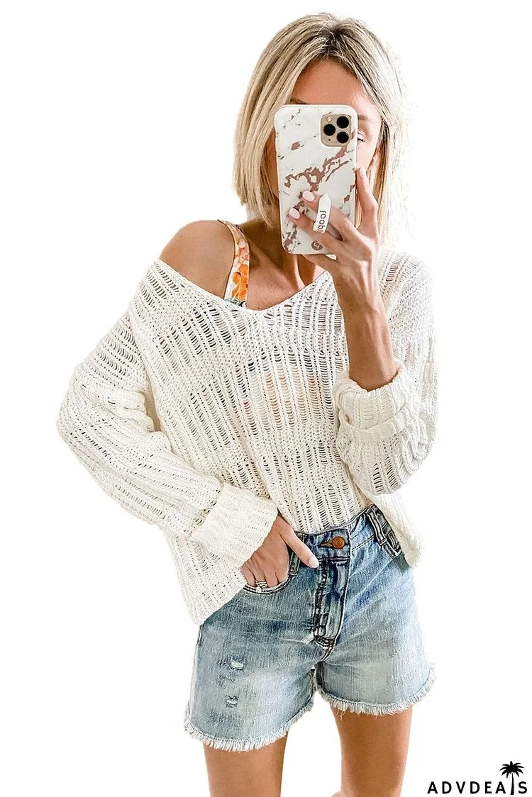 Loose Long Sleeve V Neck Open Knit Sweater