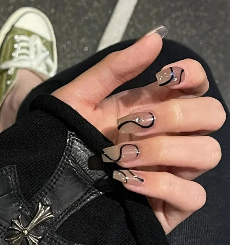 24pcs False Nails with Flower Print Mid-length Coffin Ballet Press on Nails Green Fake Nails Ballerina Women Wearable Manicure-Nail Inspo