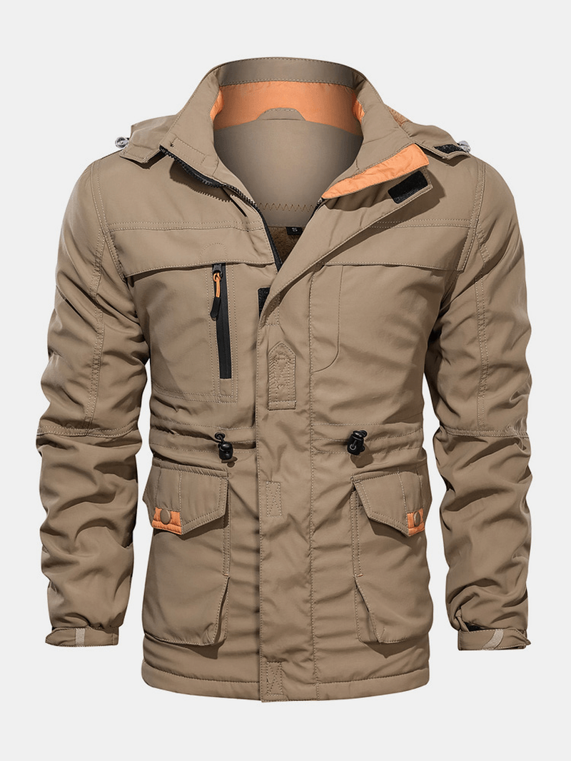 Mens Cotton Pocket Zip-Up Thick Lined Drawstring Waist Hooded Jacket