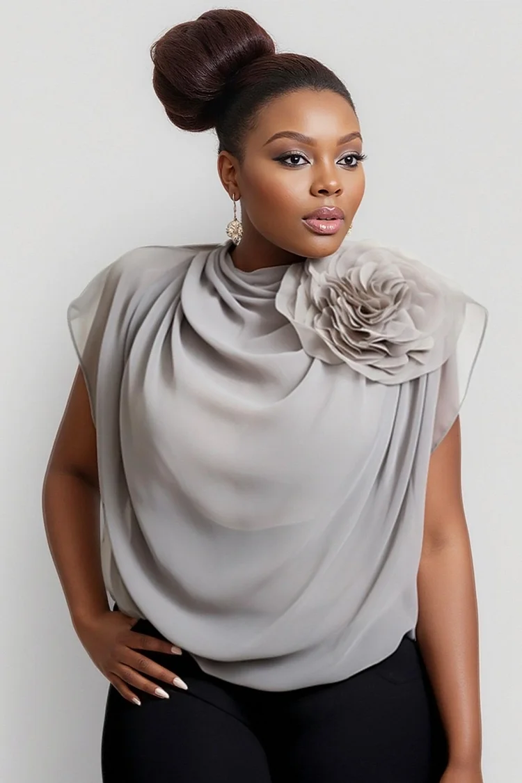 Xpluswear Design Plus Size Business Casual Grey Round Neck 3D Casual Chiffon Blouses [Pre-Order] 2024 - Xpluswear