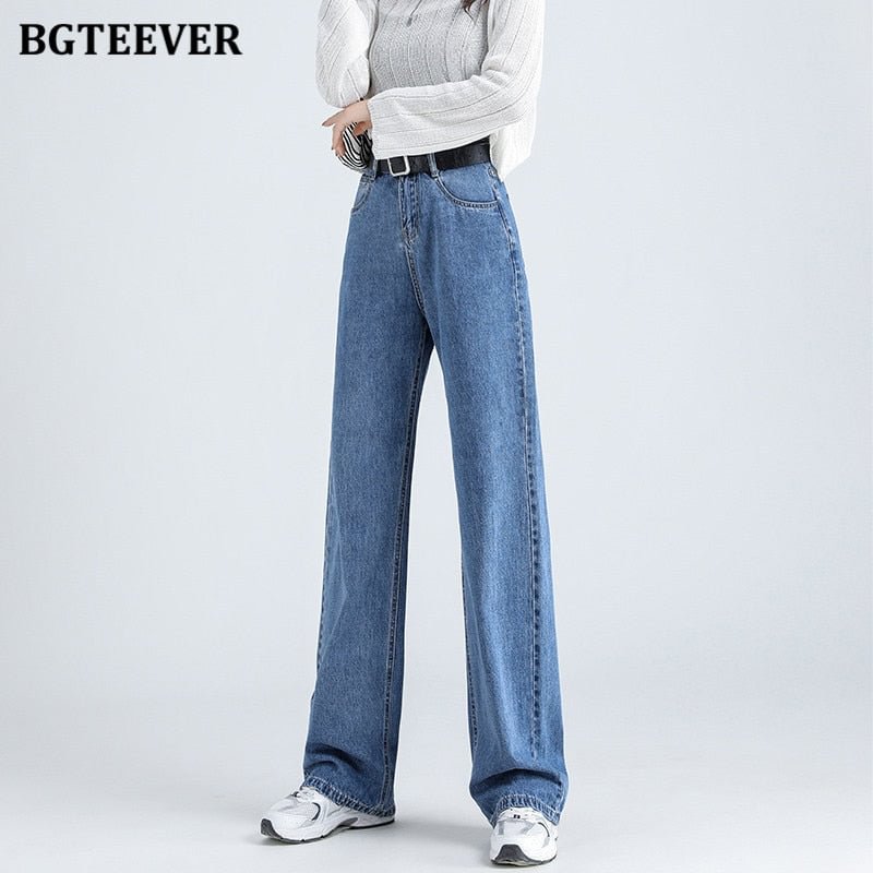 BGTEEVER Casual Spring Women Solid Jeans Trousers High Waist Pockets Loose Female Wide Leg Denim Pants Ladies Floor-Length Pants