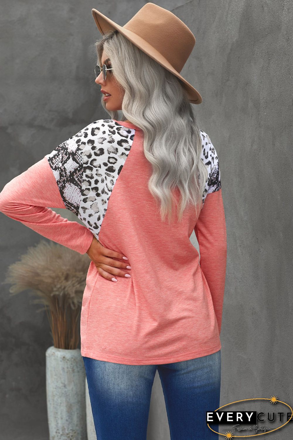 Pink Long Sleeve Top With Leopard Snakeskin Print