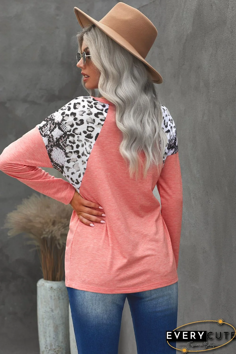 Pink Long Sleeve Top With Leopard Snakeskin Print