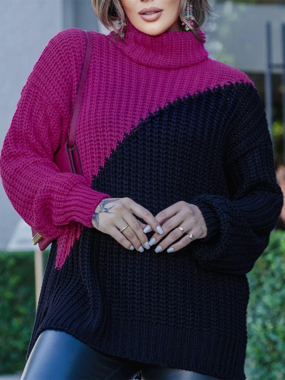 Women's Long Sleeve Turtle Neck Graphic Top Knit Sweater