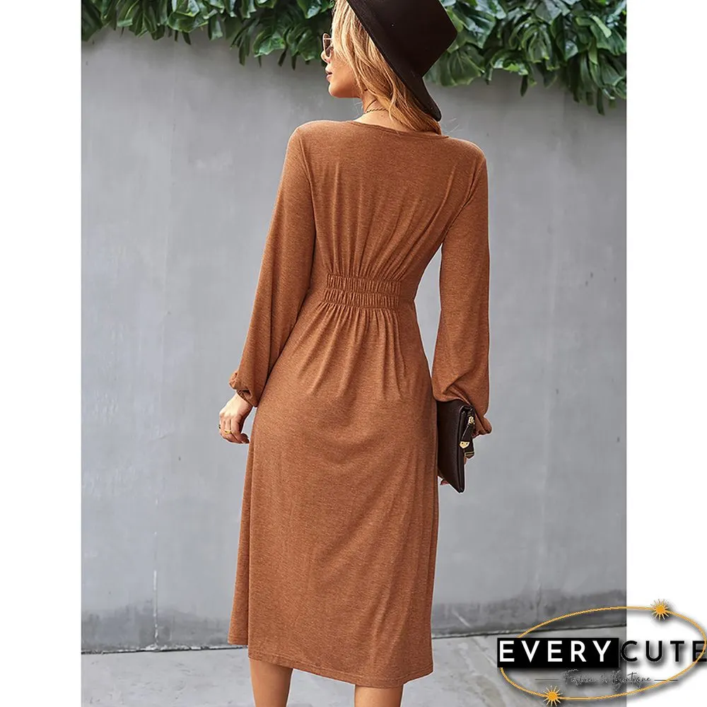 Orange Pleated V Neck Buttoned Long Sleeve Midi Dress