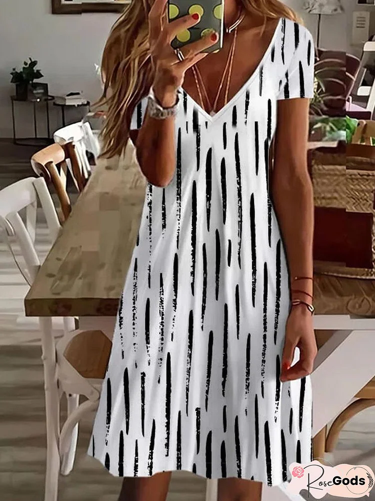 Striped Loosen V Neck Short Sleeve Women Dress