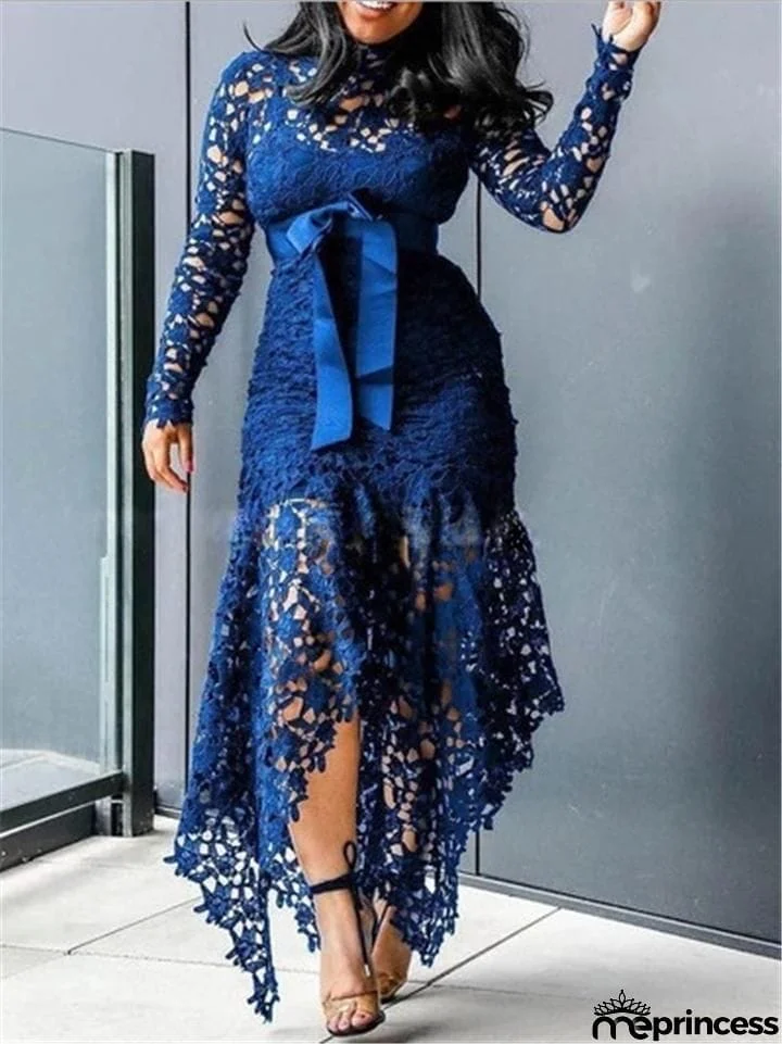 Stunning Waist Tie Lace Design Asymmetric Hem Dress for Prom