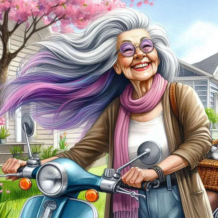 Happy Old Lady Riding A Bicycle30*30CM(Canvas)  Full Round Drill Diamond Painting gbfke