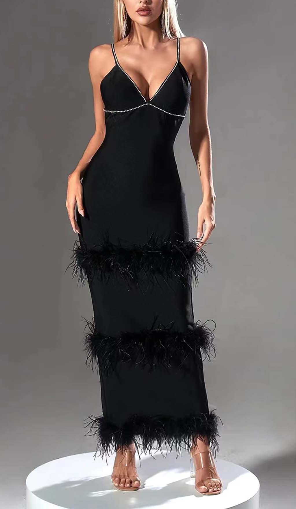 Rhinestone Tiered Feather Midi Dress In Black Flowering Girl