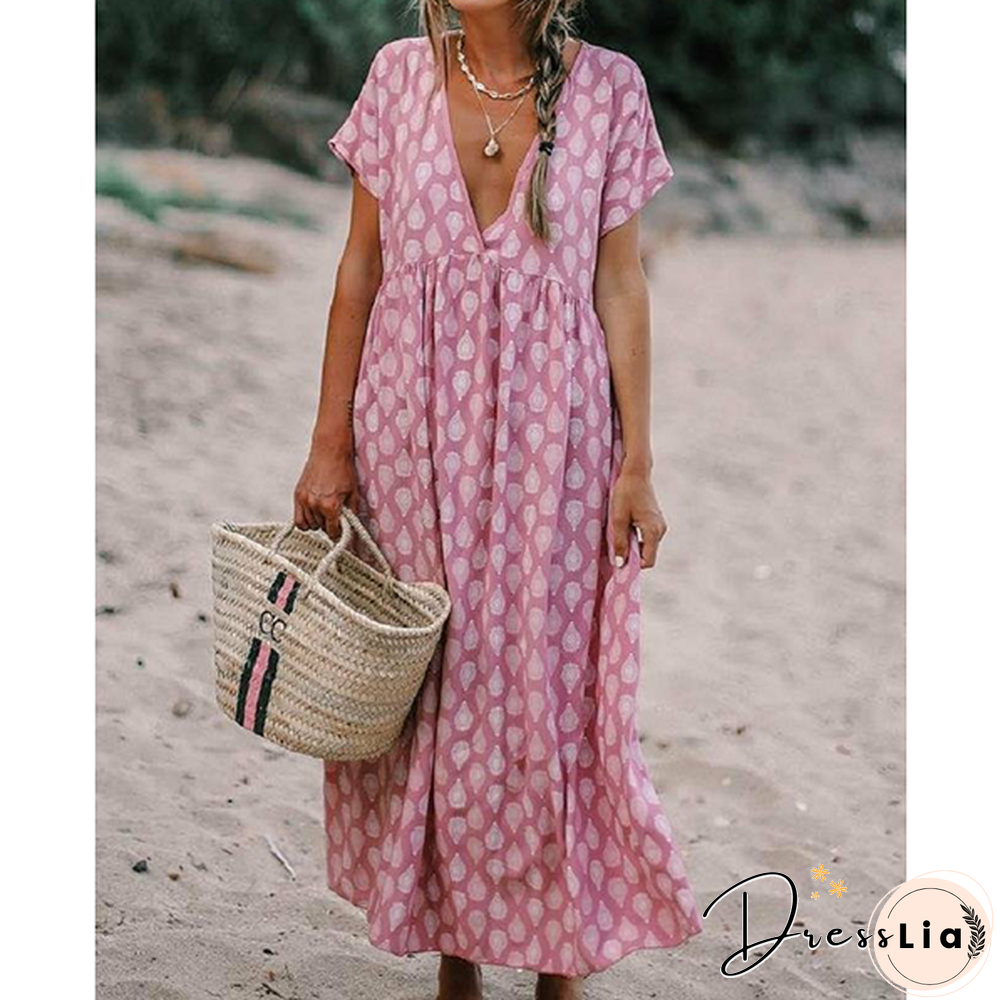 V-neck Loose Short-Sleeve Printed Dress