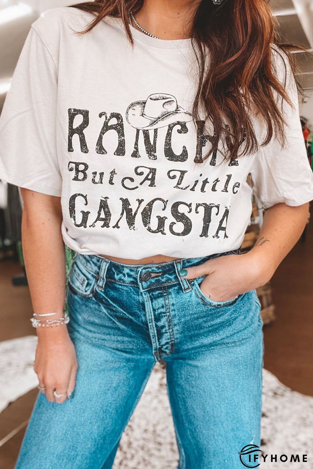White Western Slogan Letter Print Short Sleeve T Shirt | IFYHOME