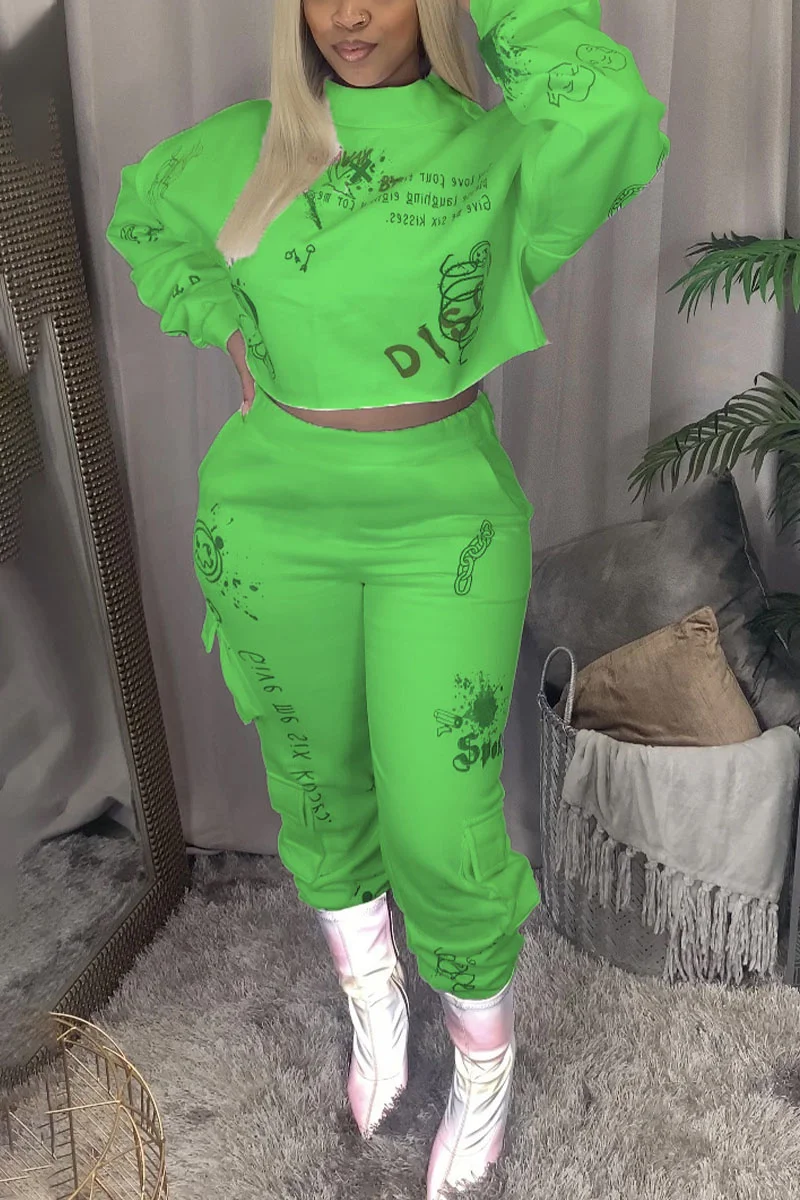 Green Casual Letter Print O Neck Long Sleeve Two Pieces