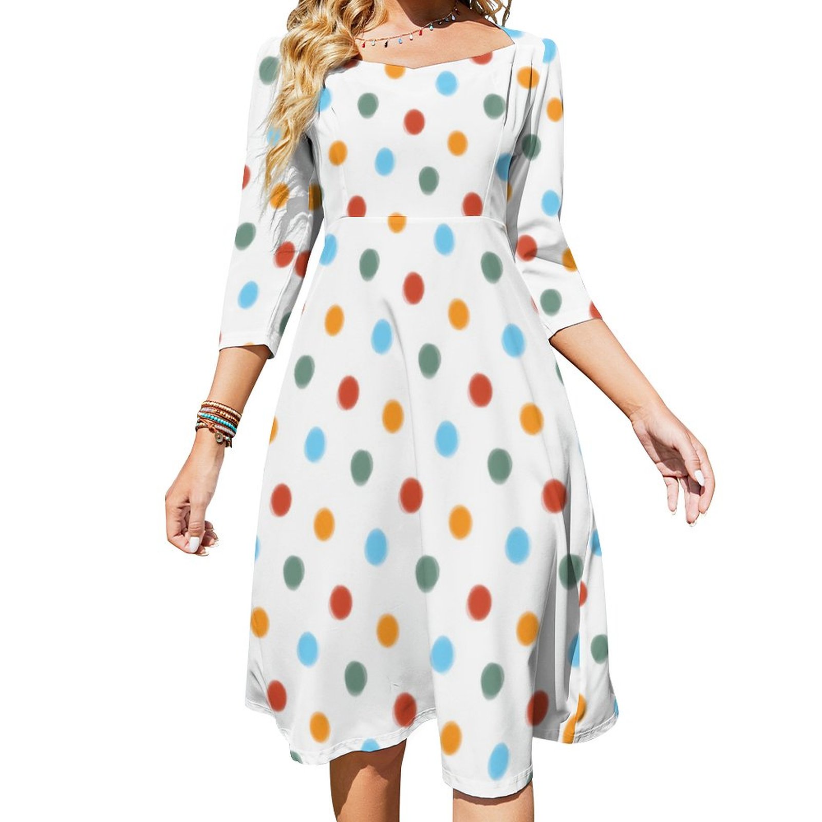 Bold Rainbow Polka Dot Dress Sweetheart Tie Back Flared 3/4 Sleeve Midi Dresses