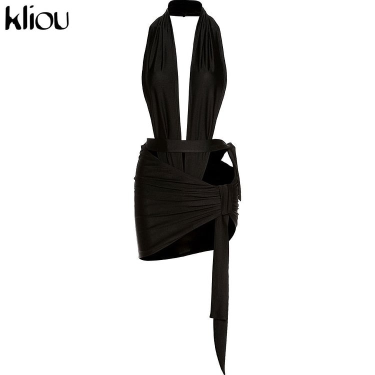 Kliou Sexy Cleavage Two Piece Set Women Halter Sleeveless Bodysuit+Short Dress Simple Suit Solid Pleated Streetwear Female - BlackFridayBuys
