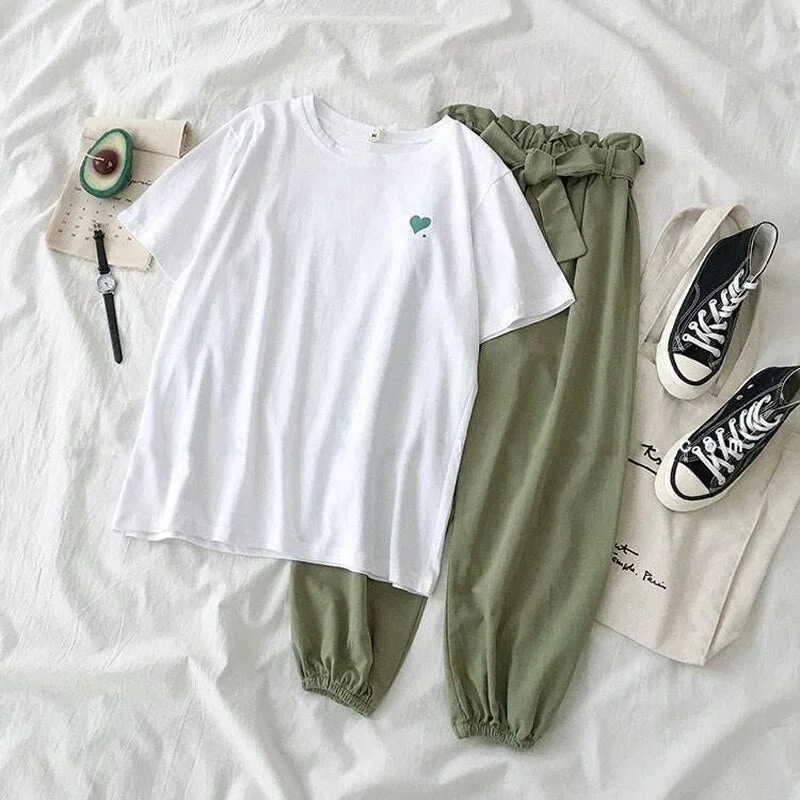 Summer New Famale Tracksuits Fashion CLothes Casual Loose White Top and Pant 2 Piece Sets Women Students Girl Sweet Sportswear