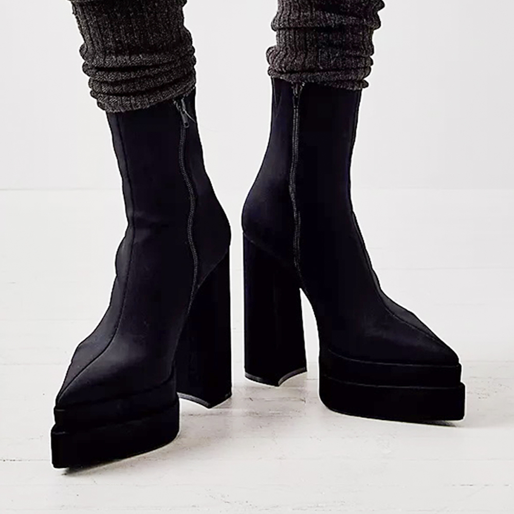 Black Pointed Toe Double Platform Chunky Heel Sock Boots for Women Nicepairs