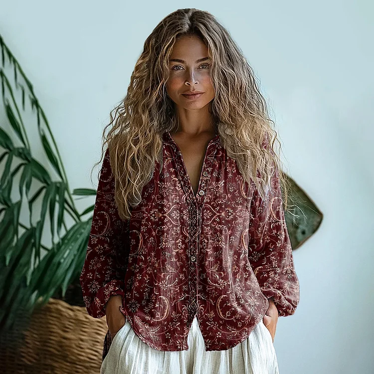Bohemian Style Floral Linen Print  Long Sleeve Shirt
