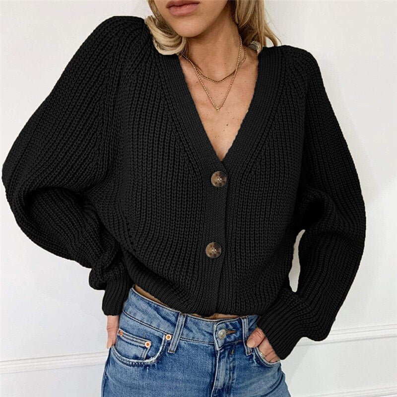 Women Solid Cardigans Autumn Casual Batwing Sleeve Knitted Sweater Fashion Oversize V-Neck Button Female Knitwear Outwear