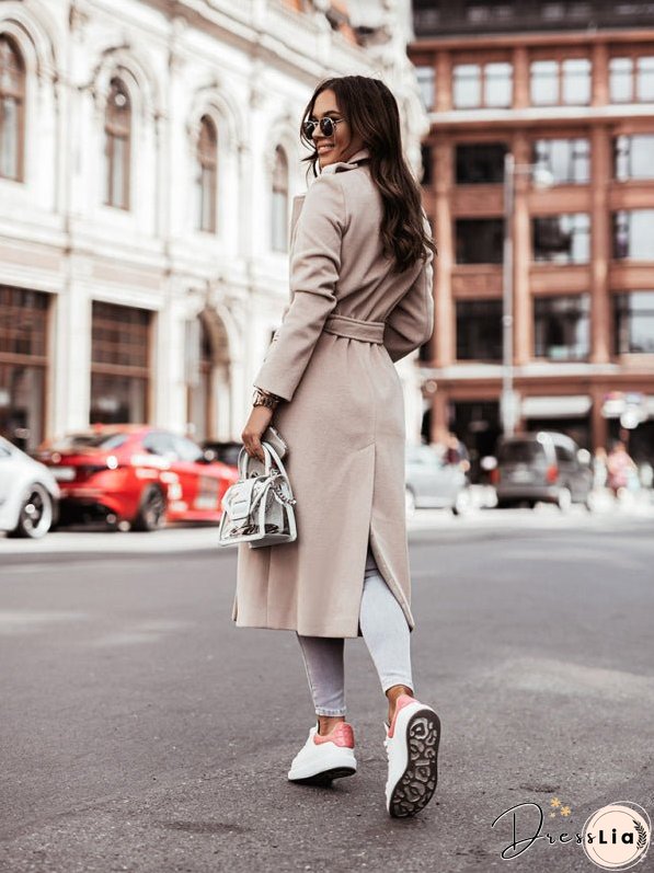 Autumn and Winter Simple Long-Sleeved V-Neck Tie Jacket