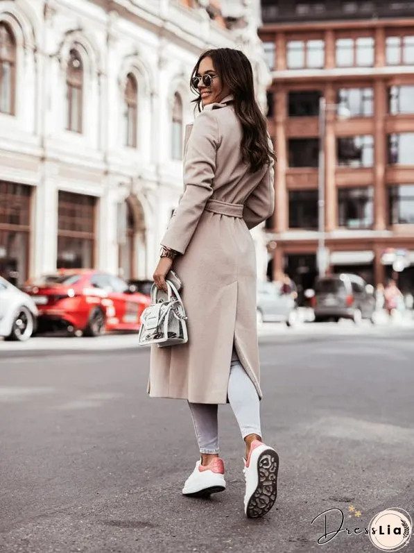 Autumn and Winter Simple Long-Sleeved V-Neck Tie Jacket