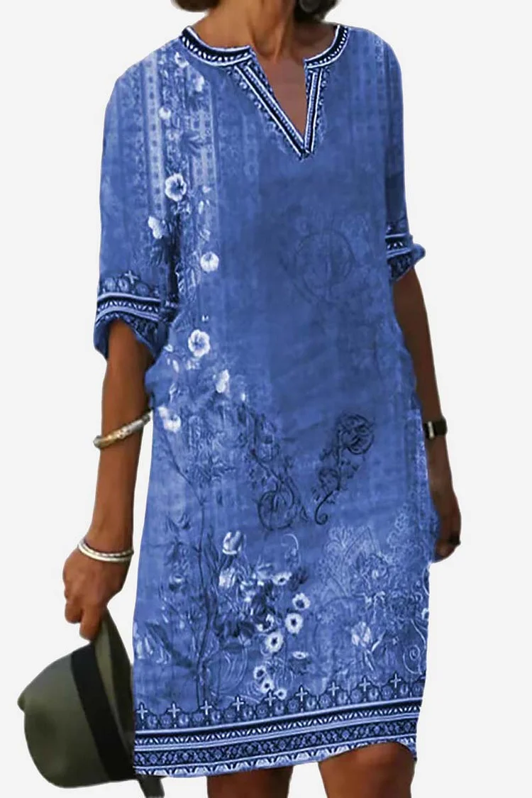 Linen Floral printed linen V Neck Tribal embroidered linen Half Sleeve Casual Midi Dress