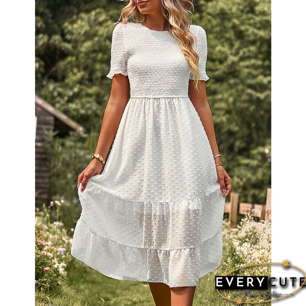 White Swiss Dot Pleated Elegant Short Sleeve Midi Dress