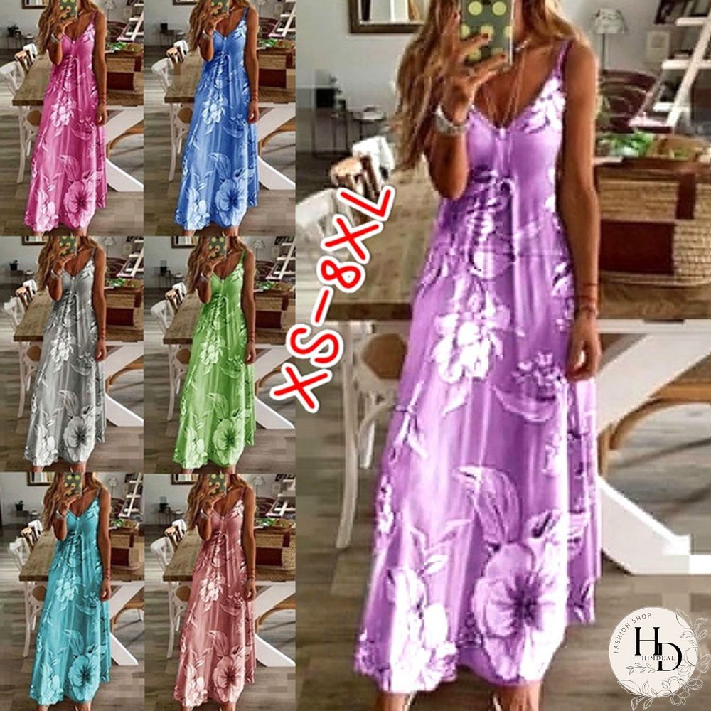 Summer Dresses Fashion Clothes Women's Plus Size Dresses Casual V-neck Sleeveless Maxi Dresses Ladies L Loose Cotton Dress Party Wear Floral Printed Halter Beach Dress