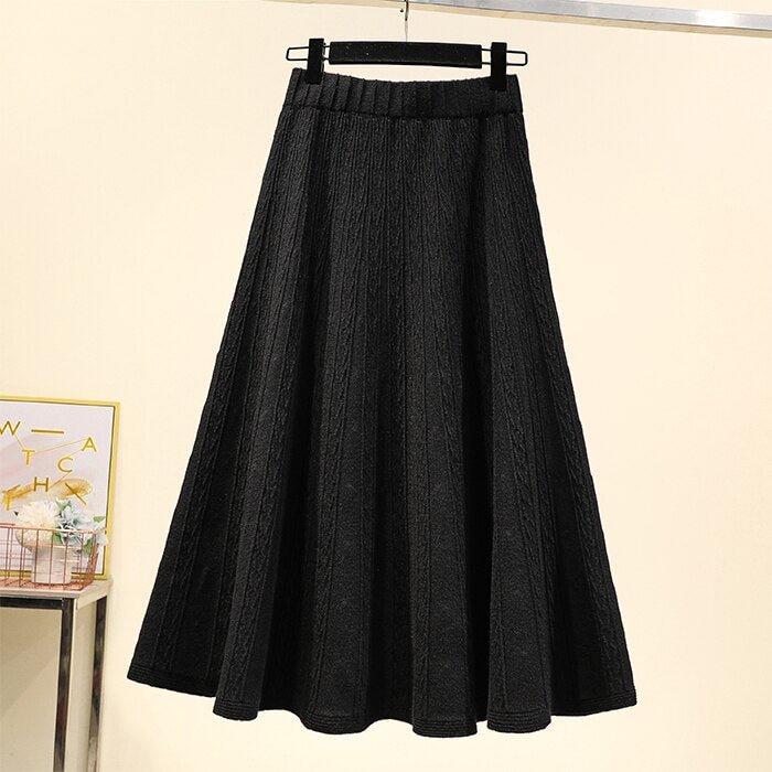 Vintage Winter Women thick sweater skirt Elastic High Waist Pleated Midi knitted Skirt female solid elegant Skirts