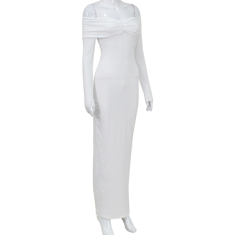 Ootddress White Pleated Slim Maxi Dress Elegant For Women Patchwork Off-Shoulder Fashion High Waist Dress Ladies Solid Party Dress