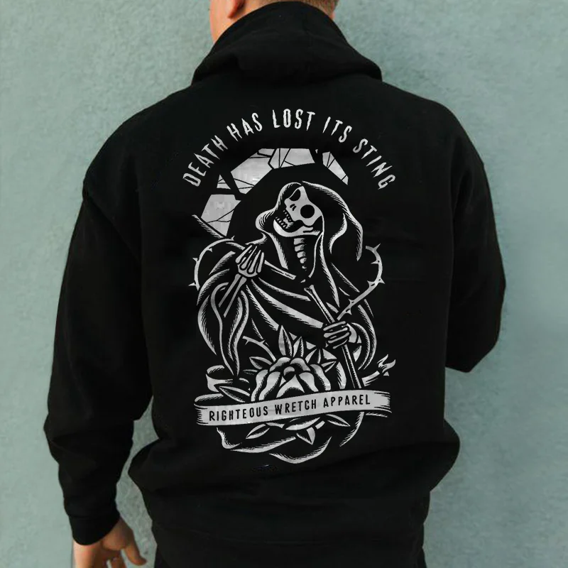 Death Has Lost Its Sting Skeleton Print Trendy Hoodie - Krazyskull