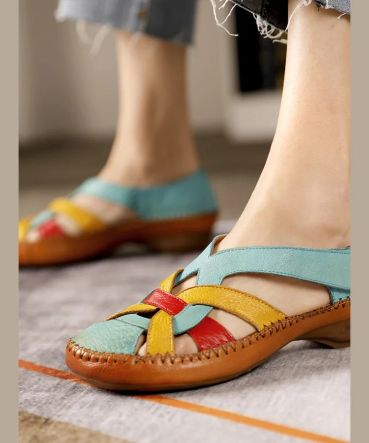 Comfy Blue Cowhide Hollow Out Splicing Cross Strap Sandals