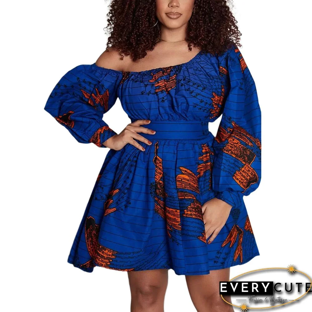 Blue African Print Long Sleeve Dress with Belt