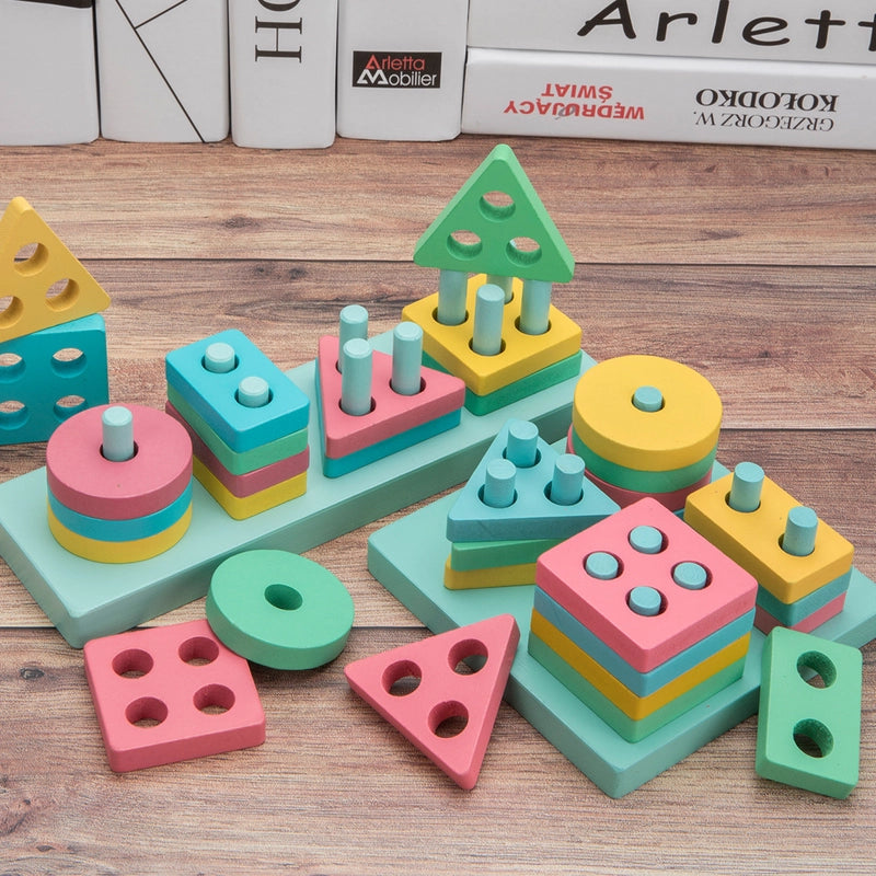 Wooden Children Macaron Color Geometric Figure Matching Color Shape Cognitive Building Blocks Puzzle Early Education Educational Toys