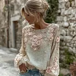 Women's Vintage Pink Flower Embroidery Art Long Sleeve T-shirt - Image 2
