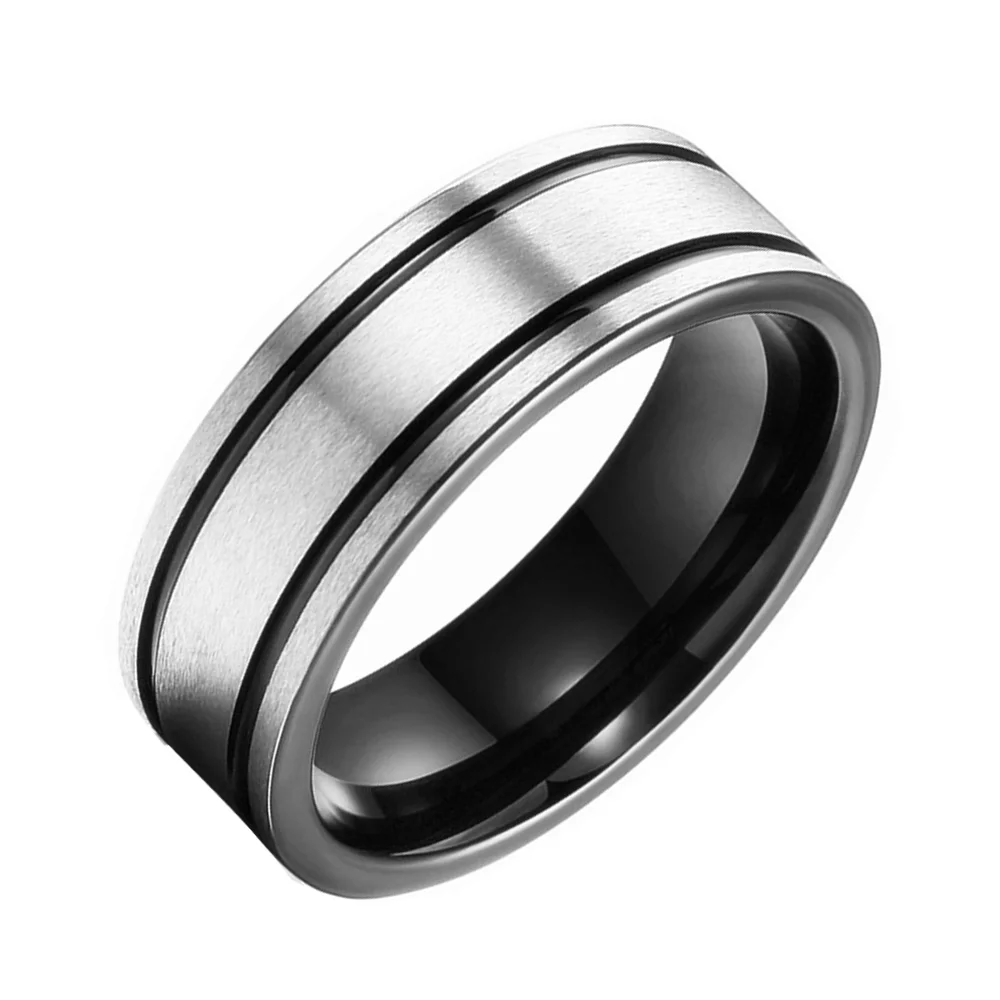 6MM 8MM Black Lines Grooved Tungsten Rings Brushed Finished For Men