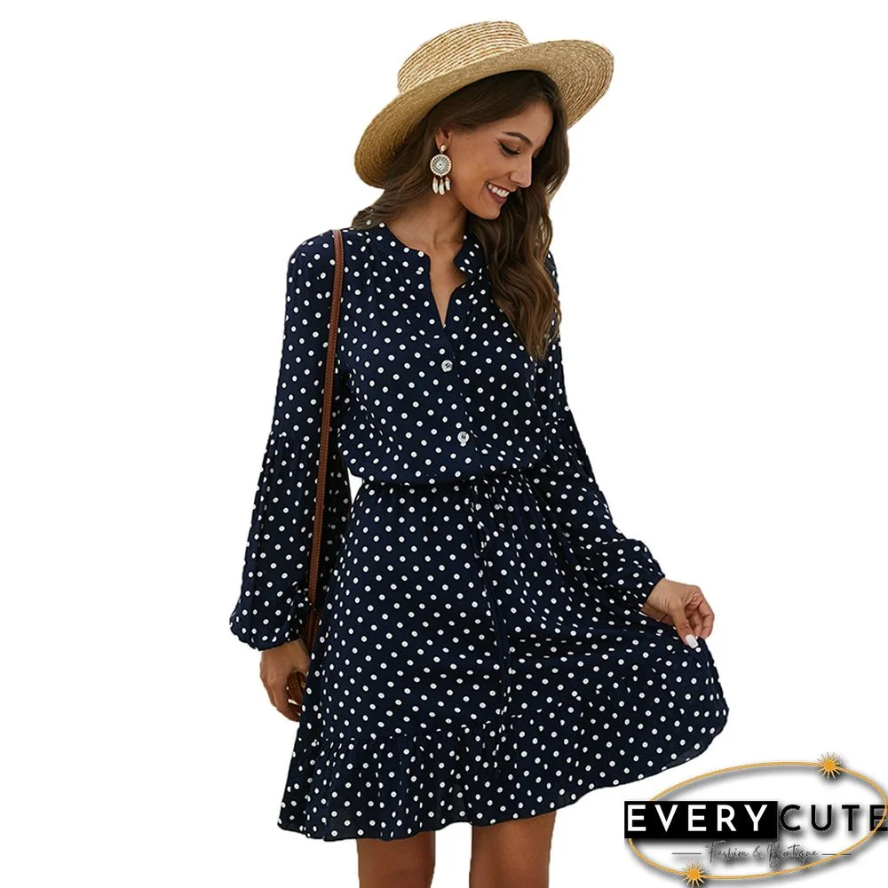 Navy Blue Polka Dot 100%cotton Shirt Dress