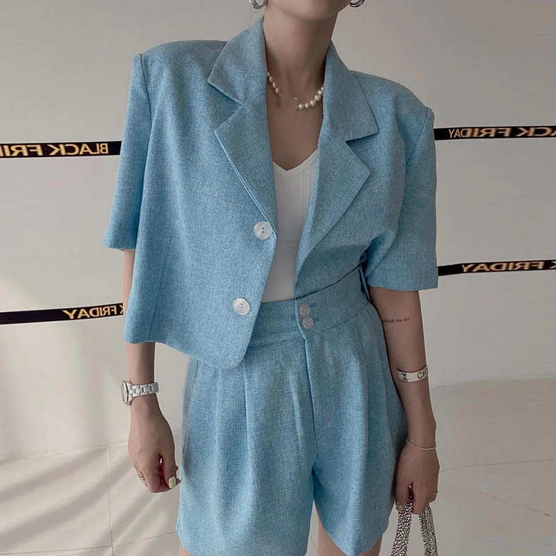 Churchf Churchf Chic Summer Temperament Small Fragrant Wind Suit Collar Short Coat High Waist Versatile Two Button Wide Leg Shorts