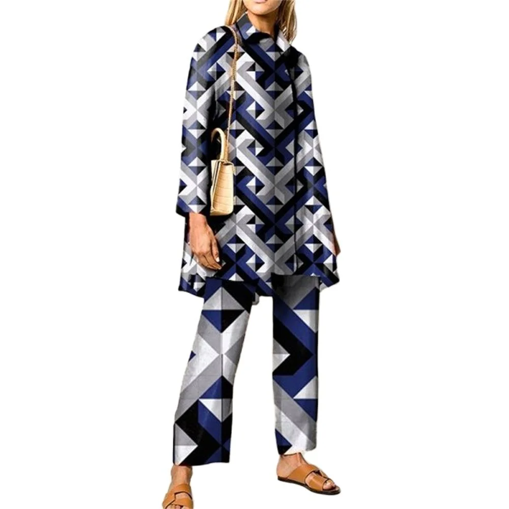 Sonicelife Women Sets Autumn Winter Geometric Color Block Patchwork Printed Straight Tube Suit Loose Style Two-piece Sets