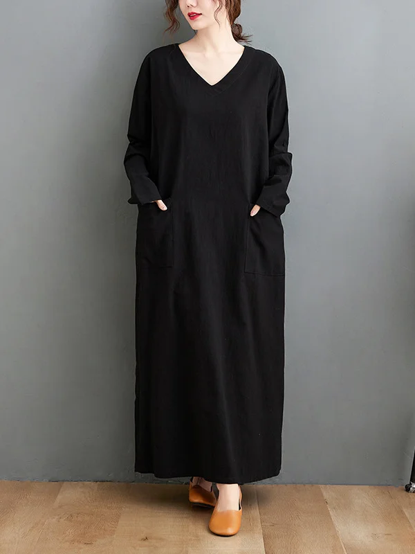 Vintage Cotton Linen VNeck Loose LongSleeved Maxi Dress