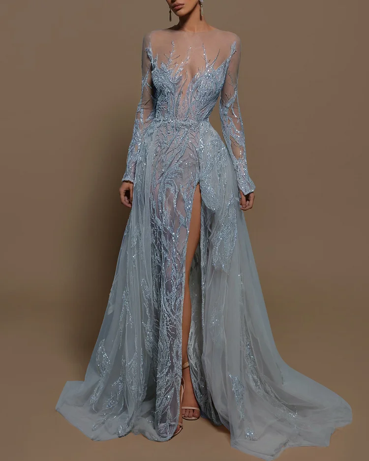 Gown Long Sleeve Sequined Dress