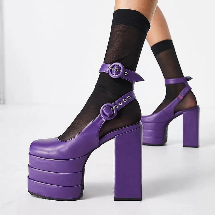 Purple Square Toe Chunky Heel Women's Platform Shoes Ankle Strap Pumps |FSJ Shoes