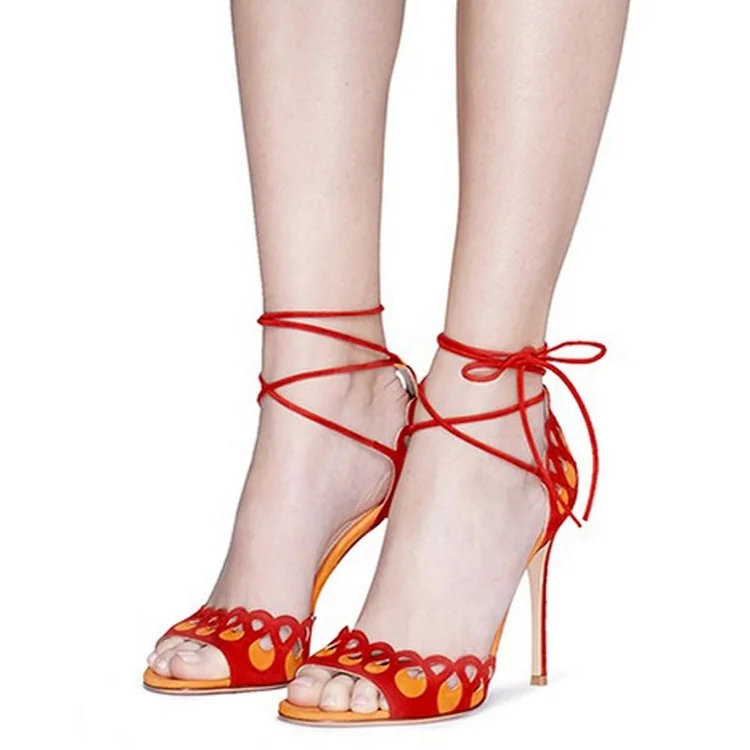 Red & Yellow Vegan Suede Hollow Out Stiletto Heels Strappy Sandals |FSJ Shoes