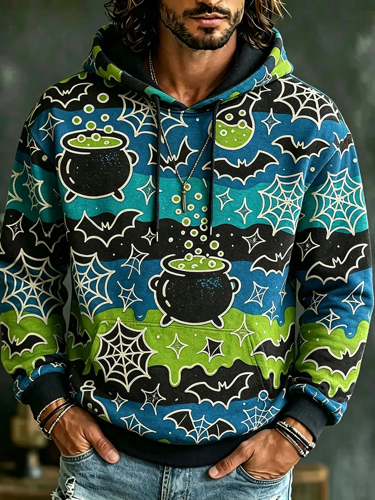 Retro Washed Neon Green And Blue Striped Halloween Witch Cauldron Spider Web Bat Print Hoodie
