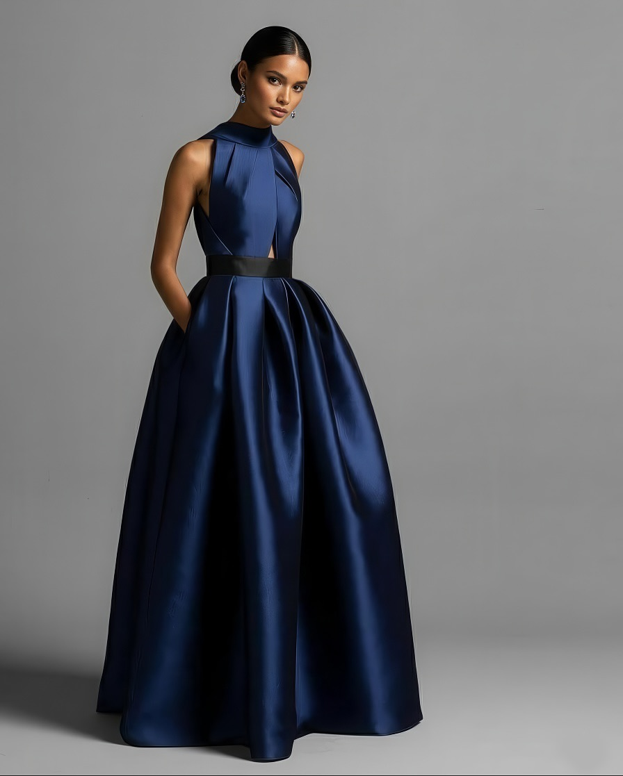 Satin High Neck Strapless Sleeveless High-Waisted Long Pleated A-Line Prom Dress | ZT0886 Wellcucu