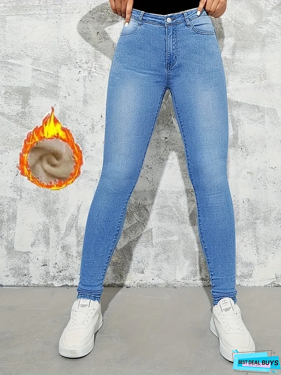 slim fit casual skinny jeans fleece liner high stretch keep warm tight womens denim