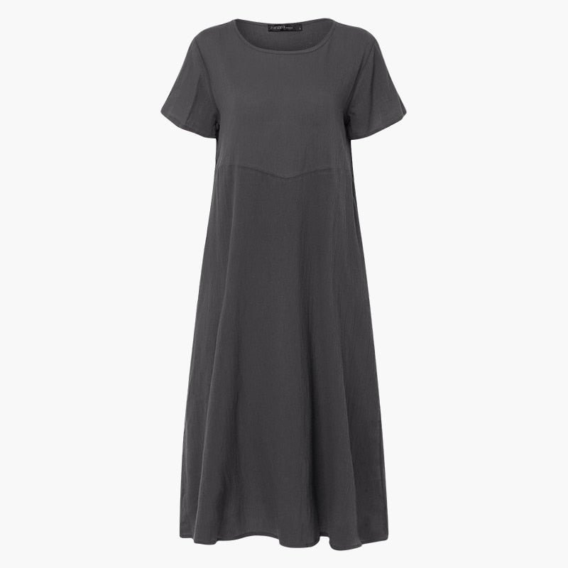 ZANZEA 2022 Elegant Linen Midi Dress Women's Summer Sundress vintage Short Sleeve Tunic Vestido Female O Neck Pleated Robe Femme
