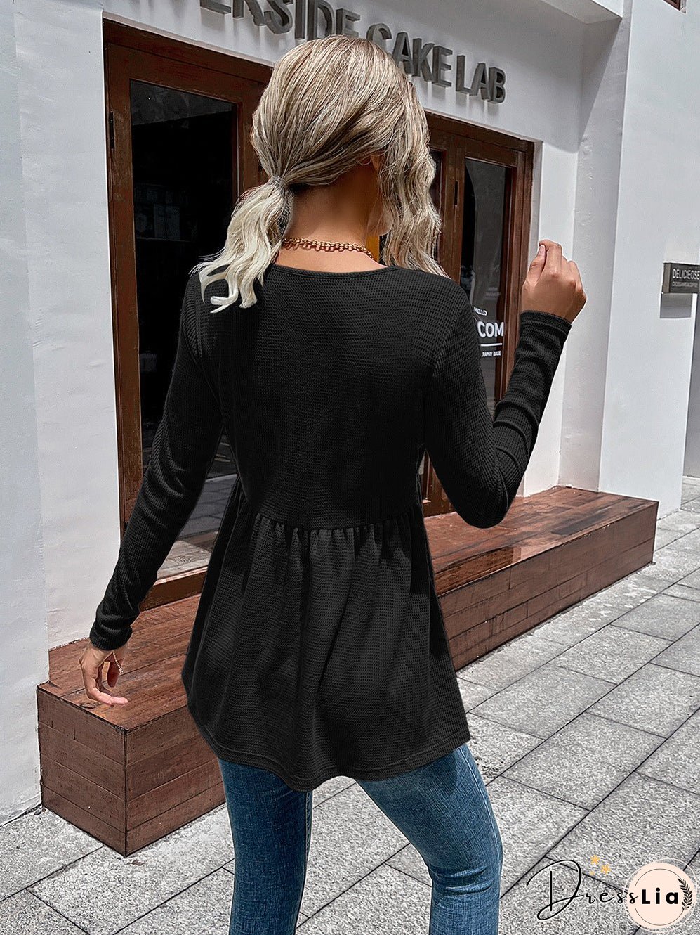 Waffle-Knit V-Neck Long Sleeve Blouse