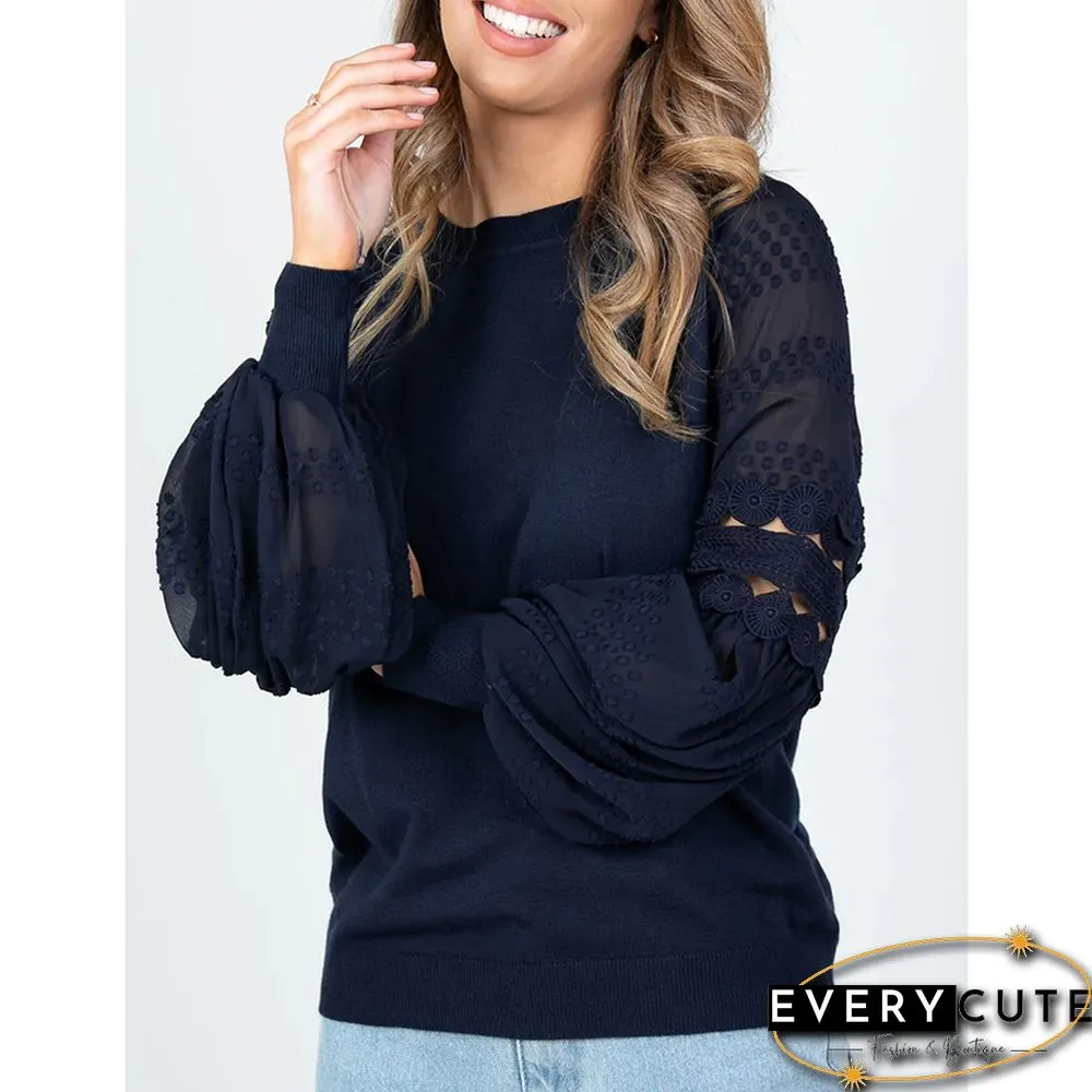 Navy Blue Splicing Hollow-out Lantern Sleeve Tops