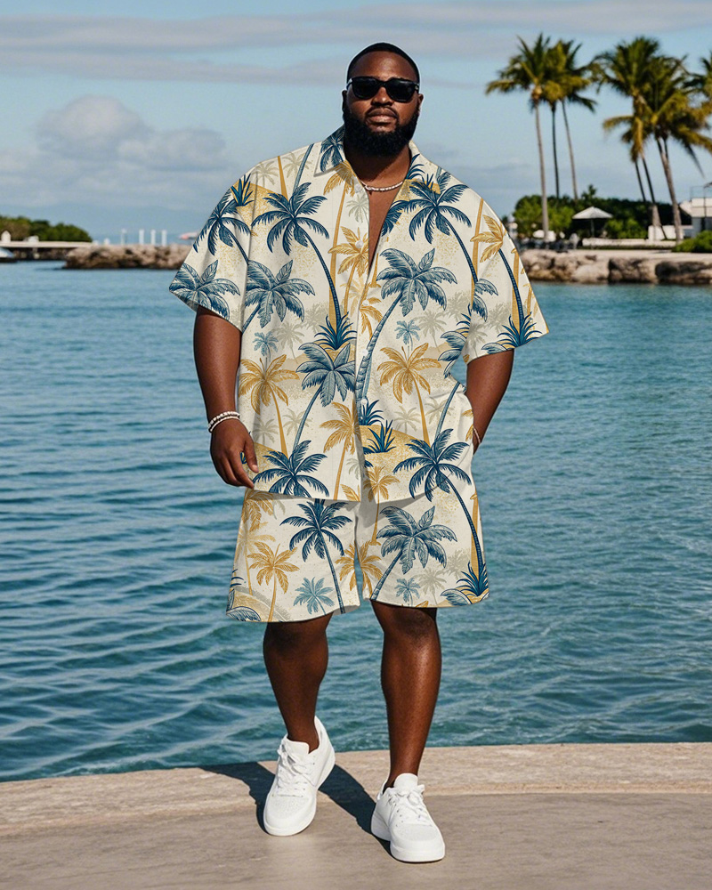 Men's Plus Size Hawaiian Hand Painted Yellow Blue Coconut Tree Print Shirt Shorts Suit